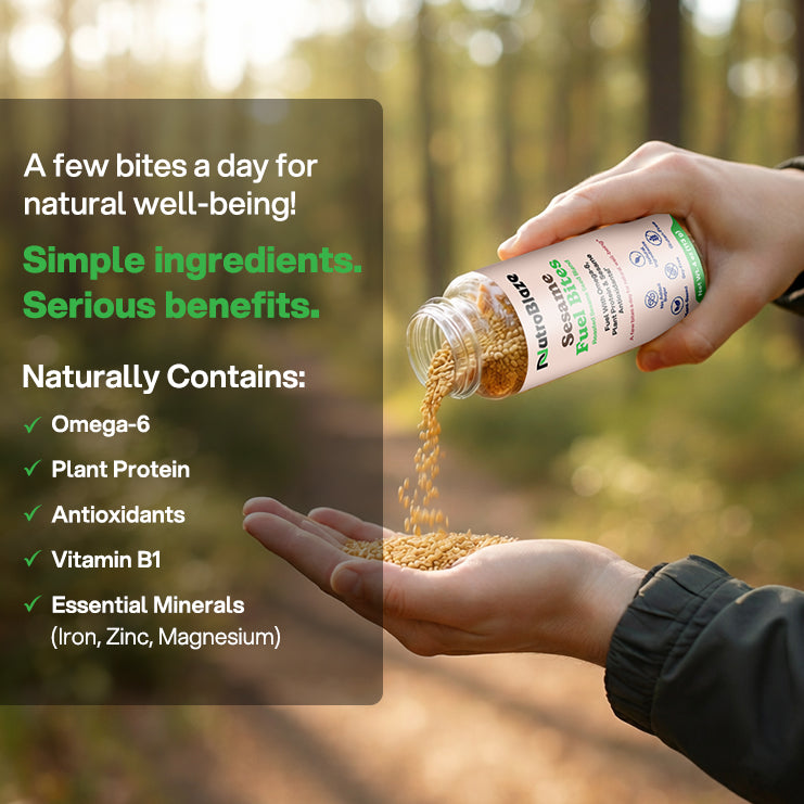 Sesame Fuel Bites poured into a hand, listing what the seed naturally contains