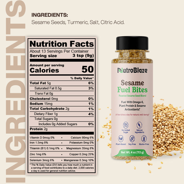 Back label of Sesame Fuel Bites showing the nutrition facts panel and the four ingredients